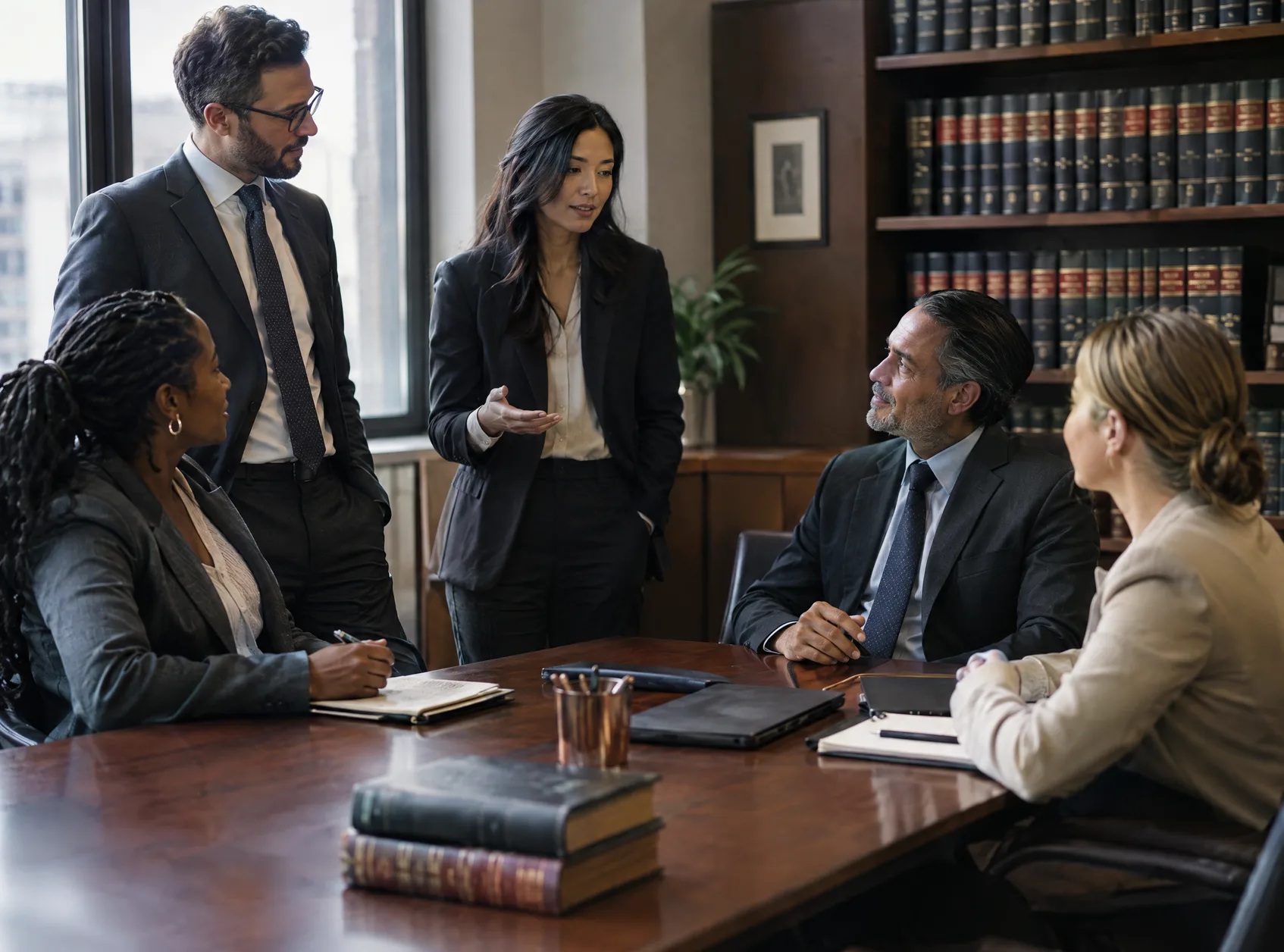 A diverse team of five lawyers talking informally in a boardroom with law books