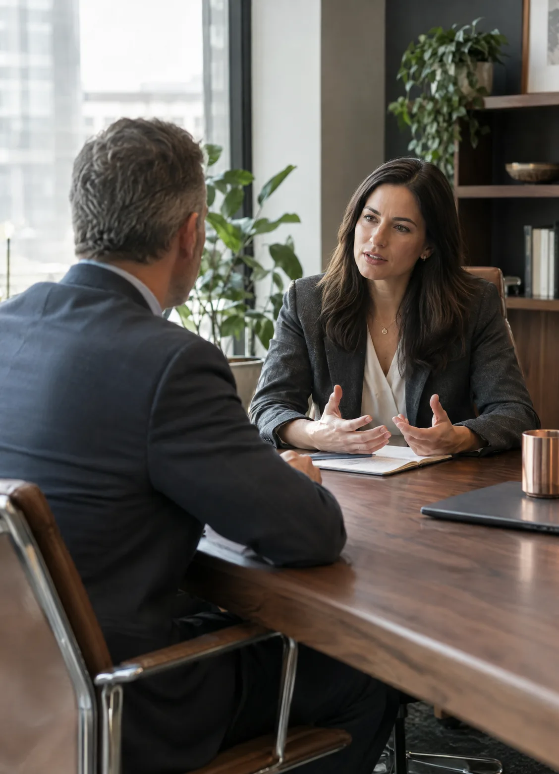 A lawyer advising a business owner in a modern office with plants
