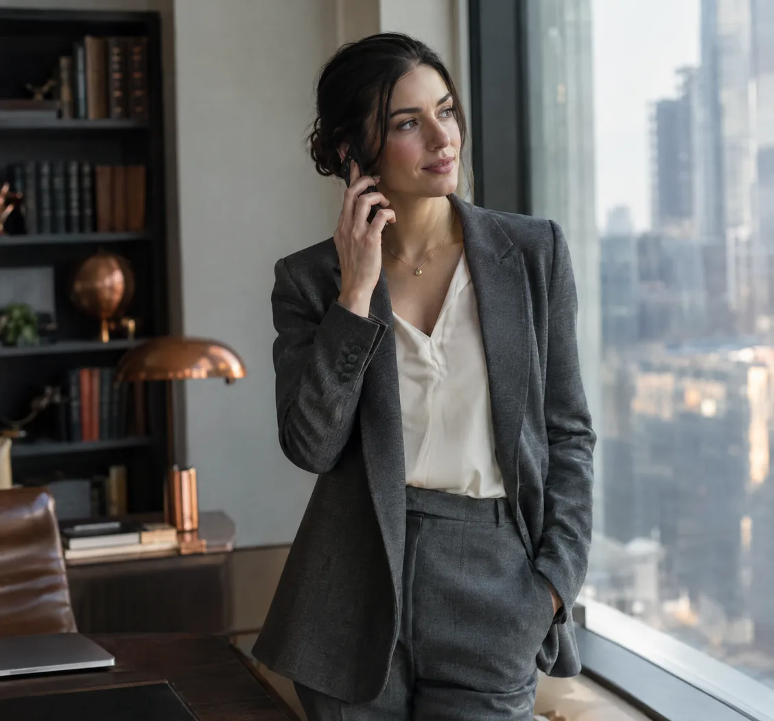 A lawyer on the phone by a tall window, city light