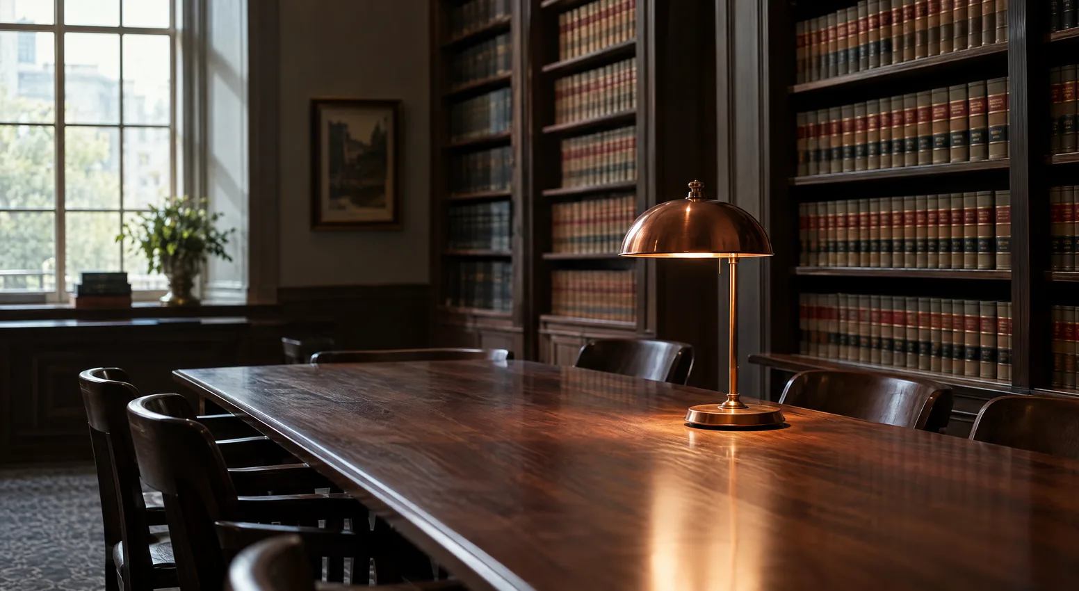 A bookshelf-lined library with a single reading lamp and a long table