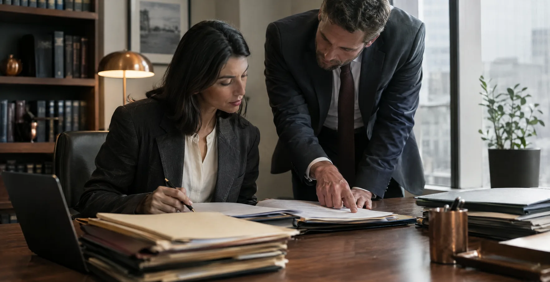 A lawyer at a desk with case files while a colleague points at a page