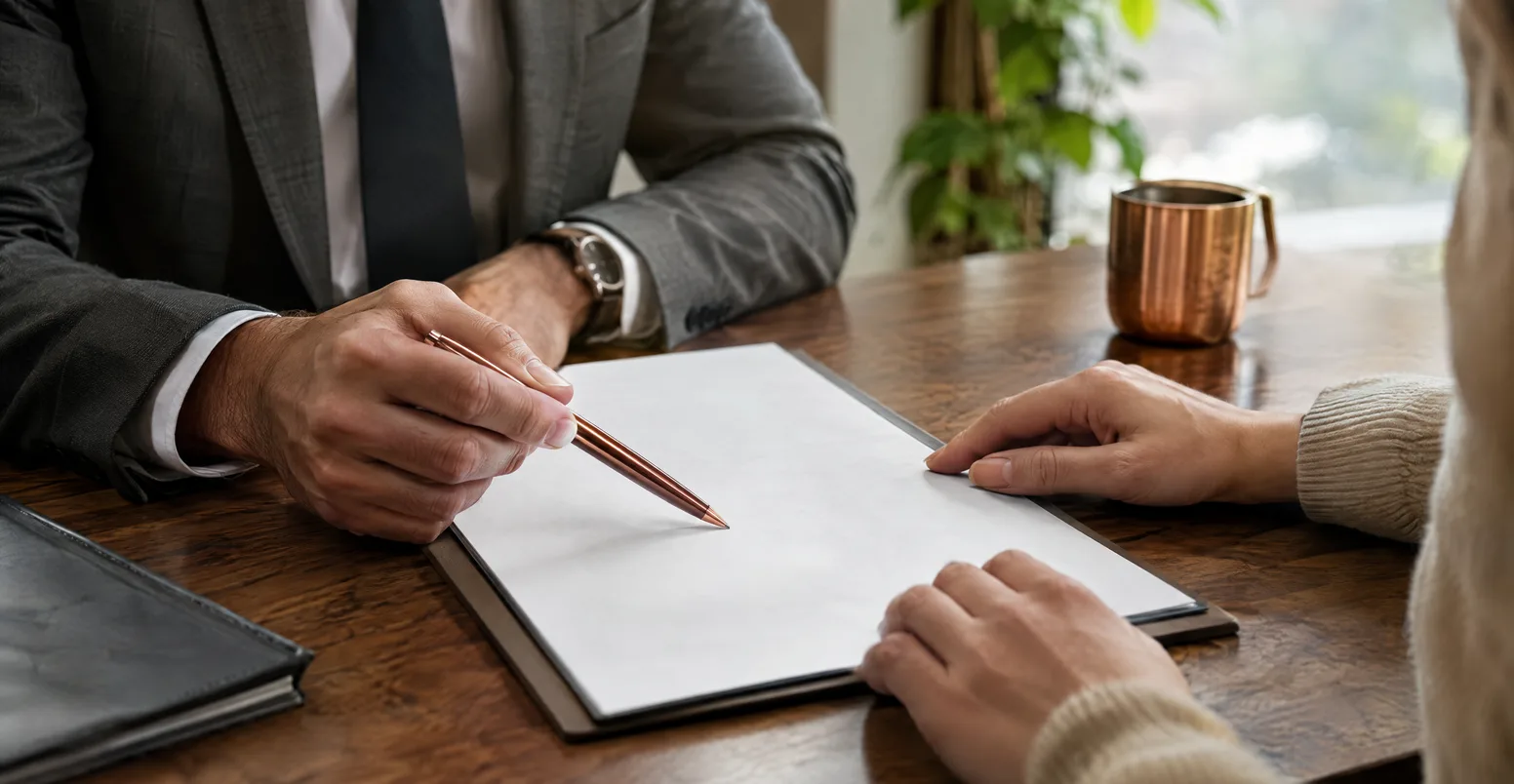 Close-up of a lawyer and client reviewing a contract page together, hands and pen